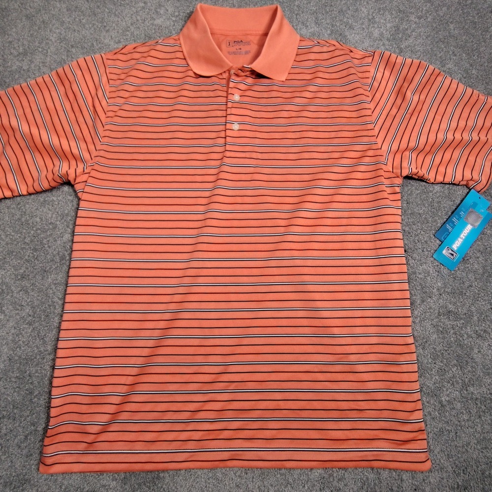 PGA Tour Mens Large Orange Striped Short Sleeve Golf Polo Shirt NWT